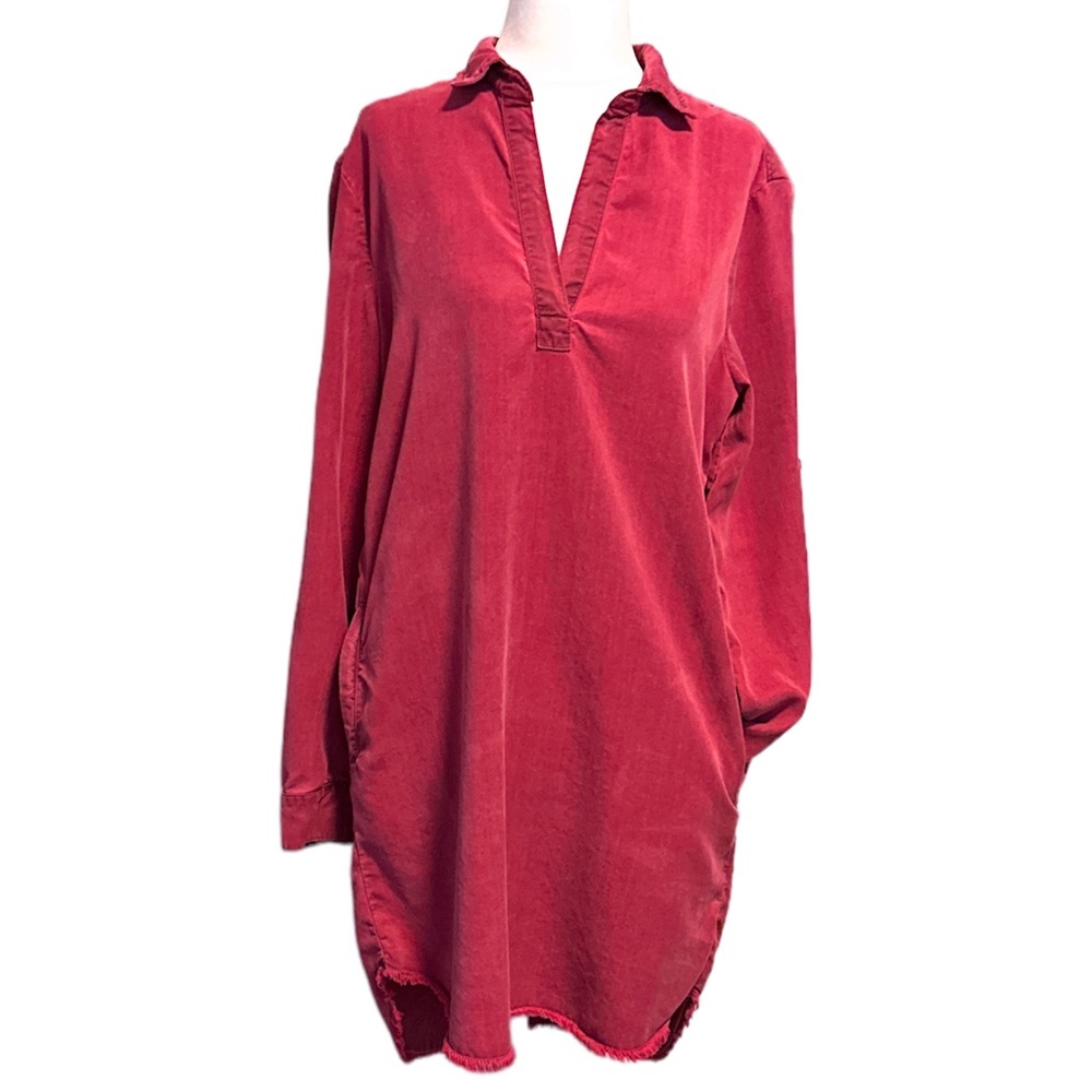 Fringed Hem brick Red Tunic Dress Lyocell eco-friendly Super Soft - Size Small